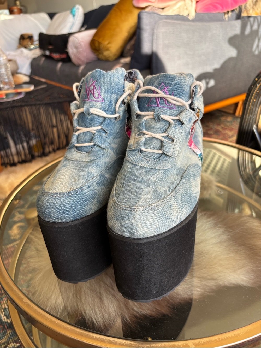 YRU Denim Blue Platform Lace-Up Sneakers with Pink Accent